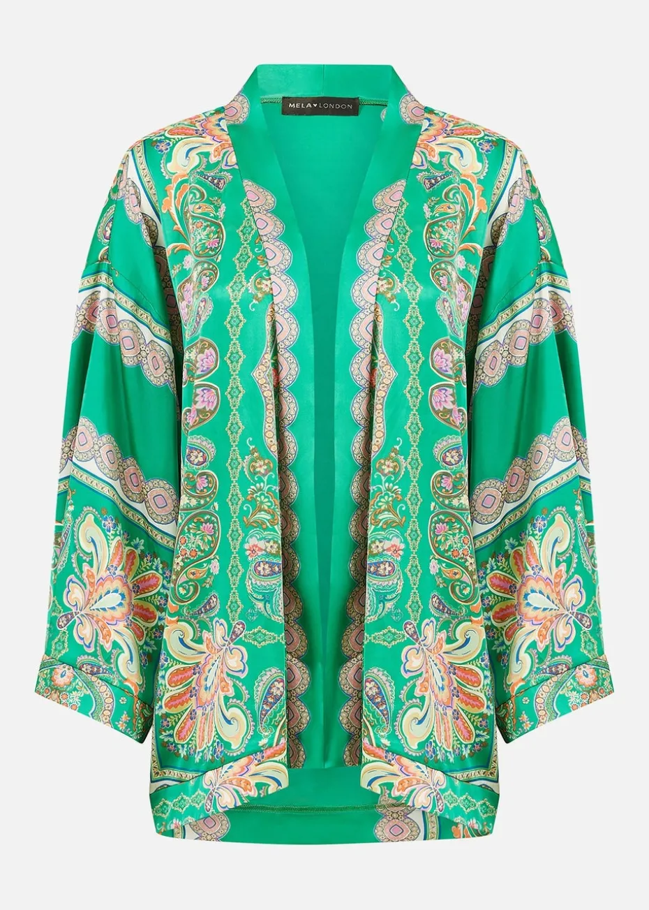 Mela Green Paisley Print Satin Kimono