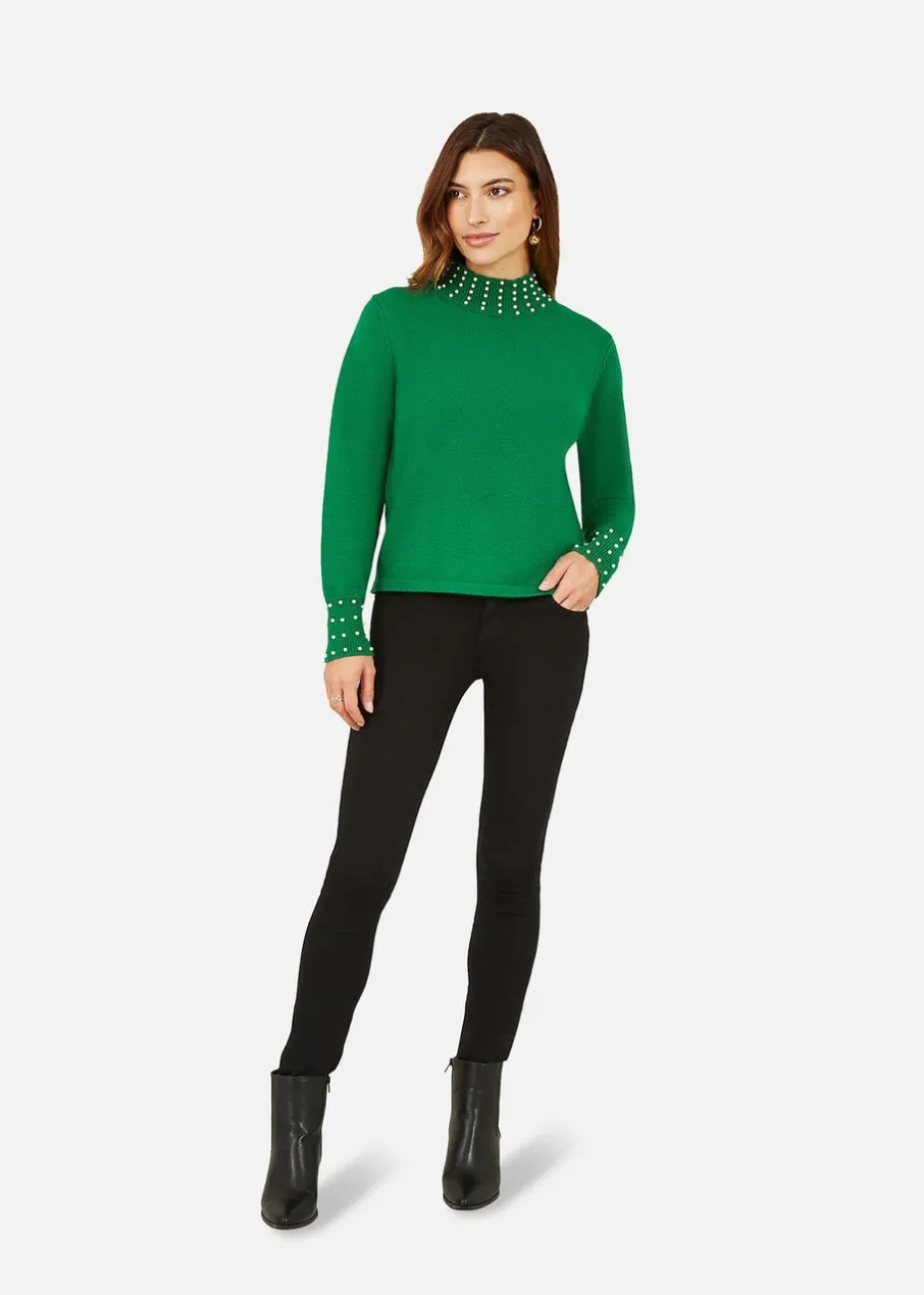 Mela Green Pearl Detail High Neck Jumper