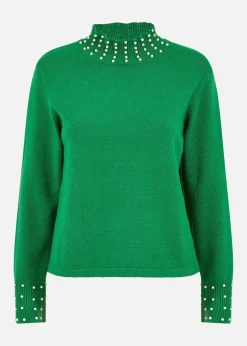 Mela Green Pearl Detail High Neck Jumper