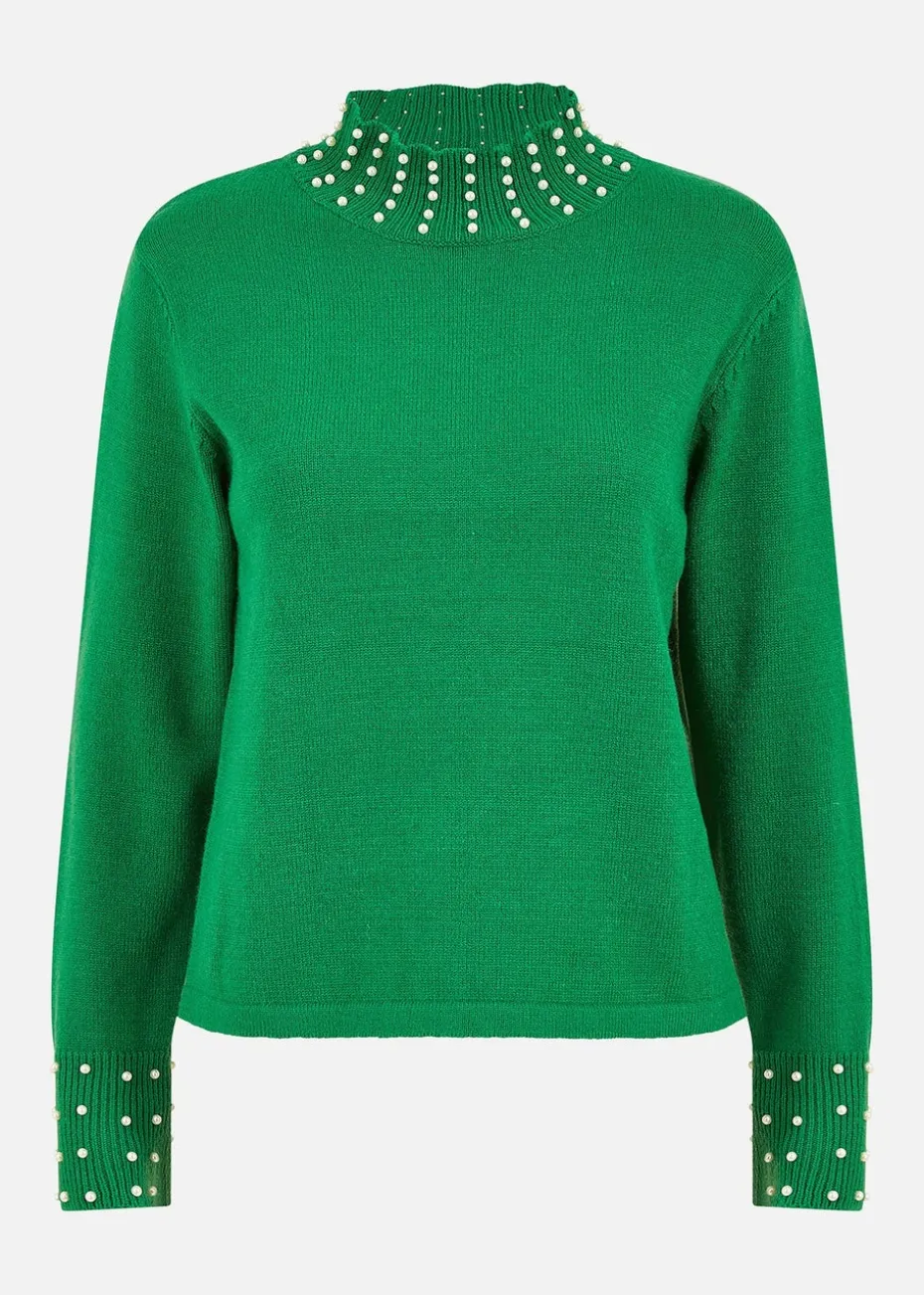 Mela Green Pearl Detail High Neck Jumper
