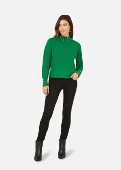 Mela Green Pearl Detail High Neck Jumper