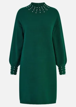 Mela Green Pearl Detail Knitted Relaxed Jumper Dress