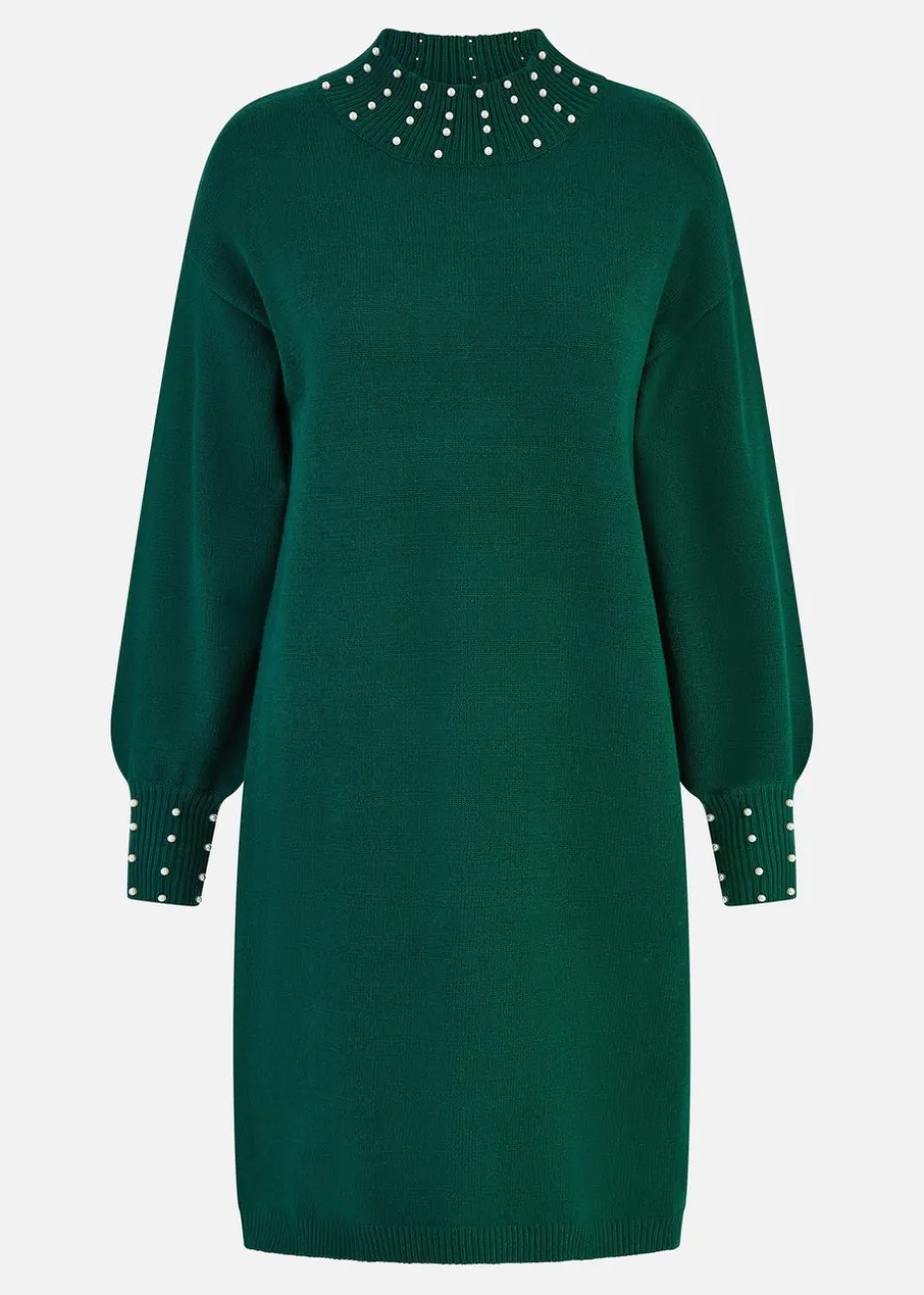 Mela Green Pearl Detail Knitted Relaxed Jumper Dress