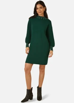 Mela Green Pearl Detail Knitted Relaxed Jumper Dress