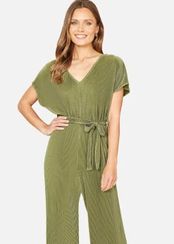 Mela Green Pleated Jumpsuit With V Neck