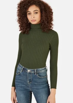 Mela Green Ribbed Knit Roll Neck Jumper