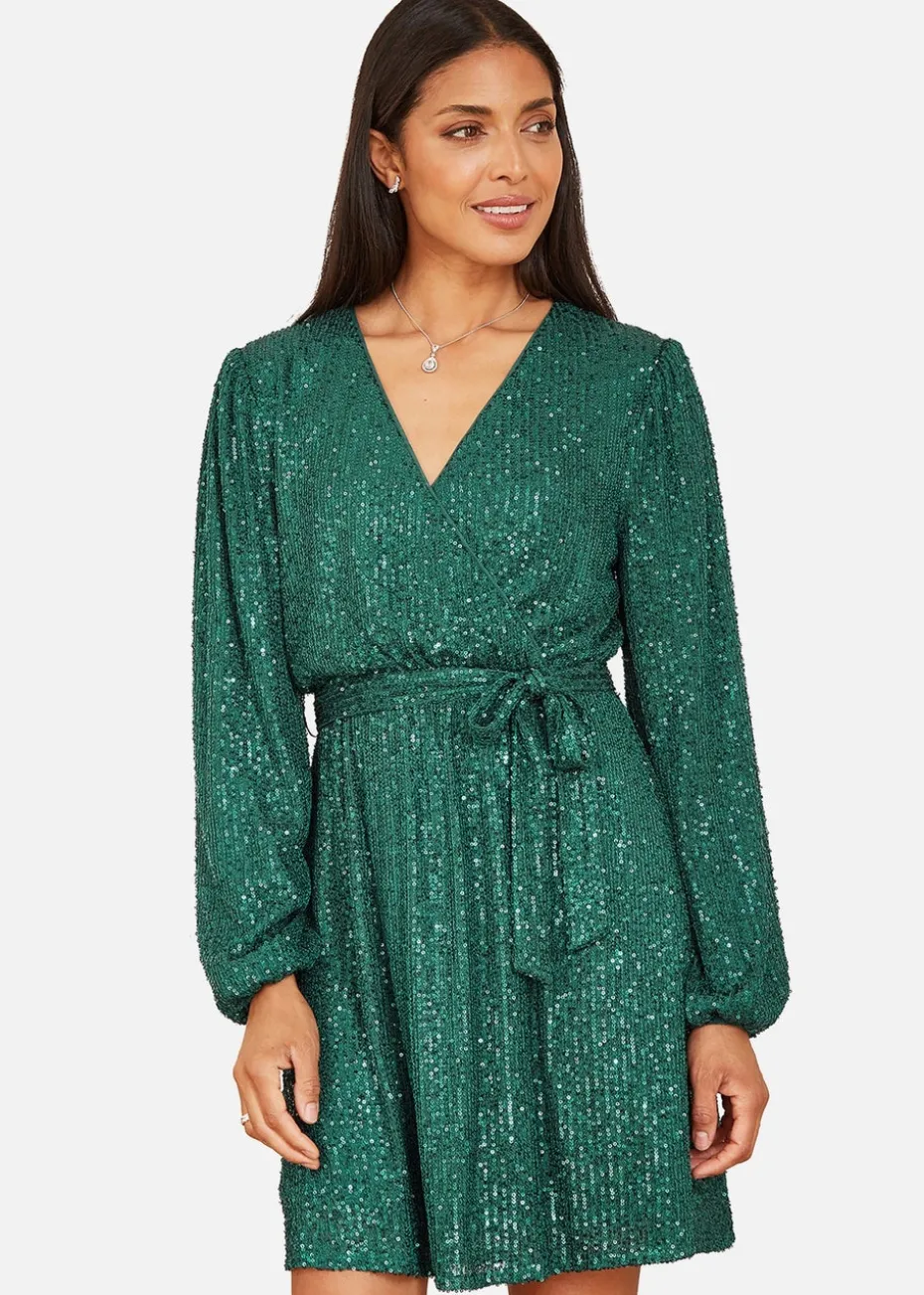 Mela Green Sequin Belted Wrap Long Sleeve Dress