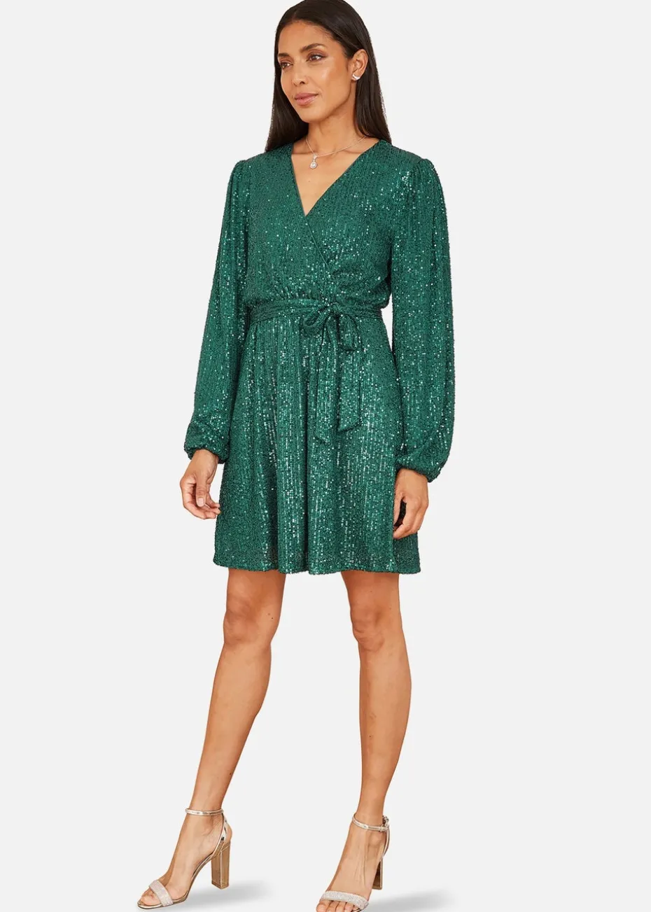 Mela Green Sequin Belted Wrap Long Sleeve Dress