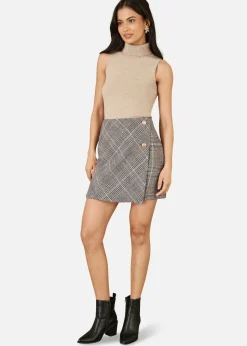 Mela Grey Checked Wrap Mini Skirt With Button Detail