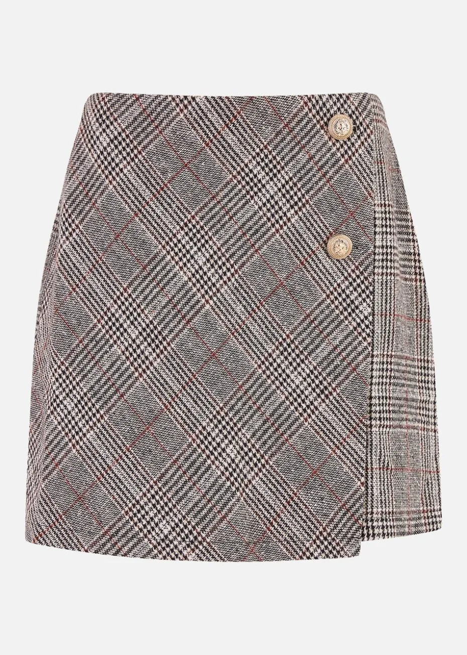 Mela Grey Checked Wrap Mini Skirt With Button Detail