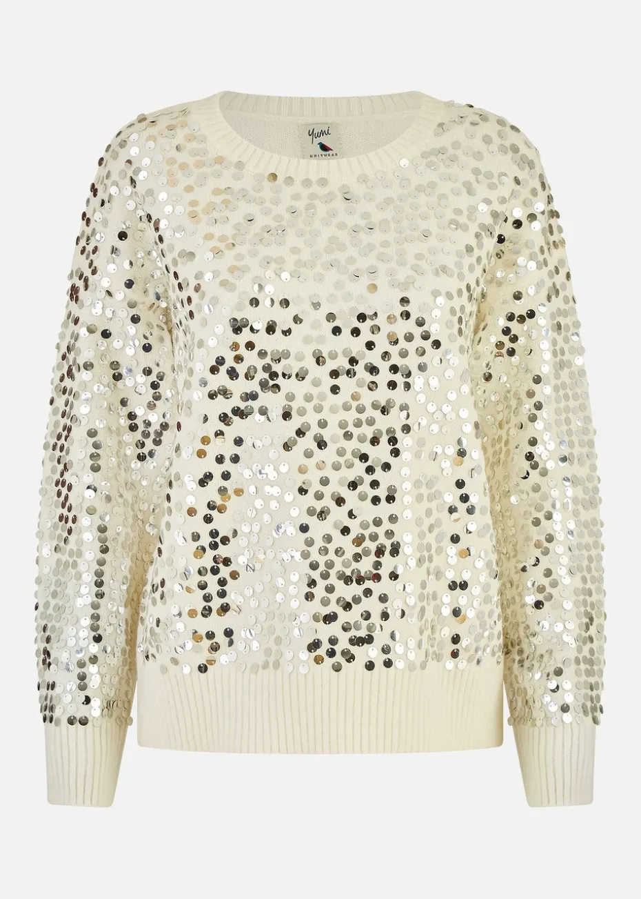 Mela Ivory All Over Sequin Relaxed Fit Jumper