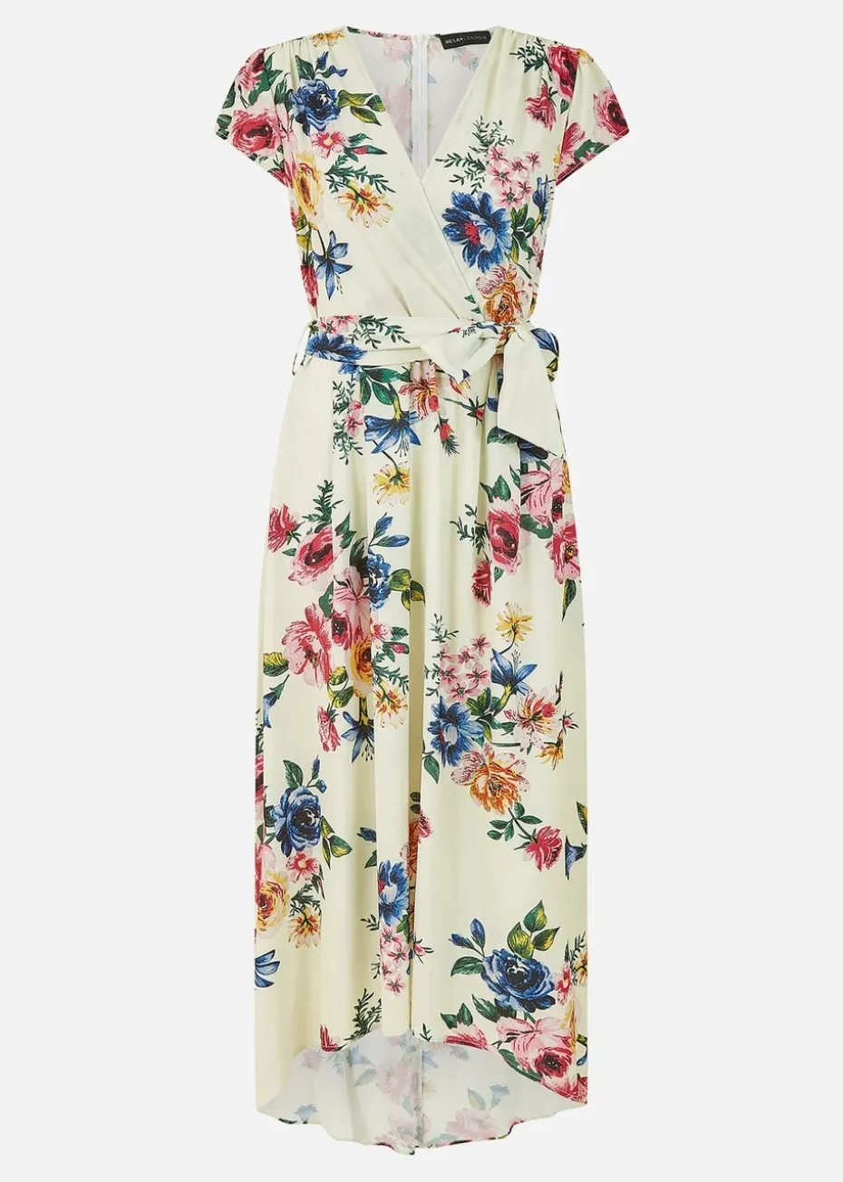 Mela Ivory Floral Wrap Dip Hem Dress