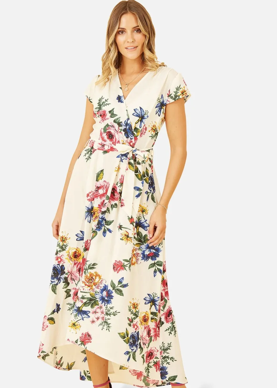 Mela Ivory Floral Wrap Dip Hem Dress
