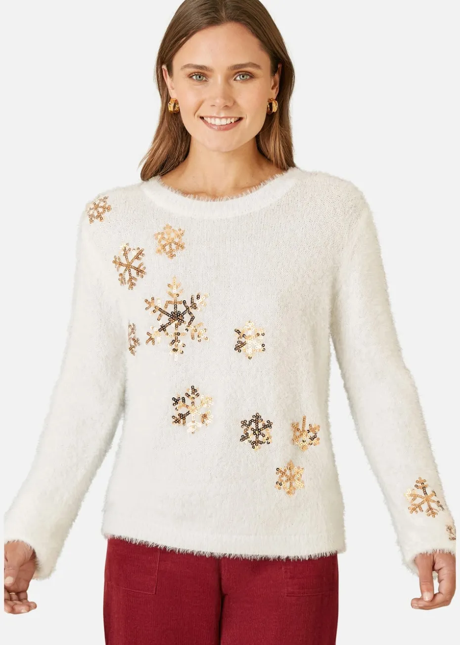 Mela Ivory Sequin Snowflake Fluffy Jumper