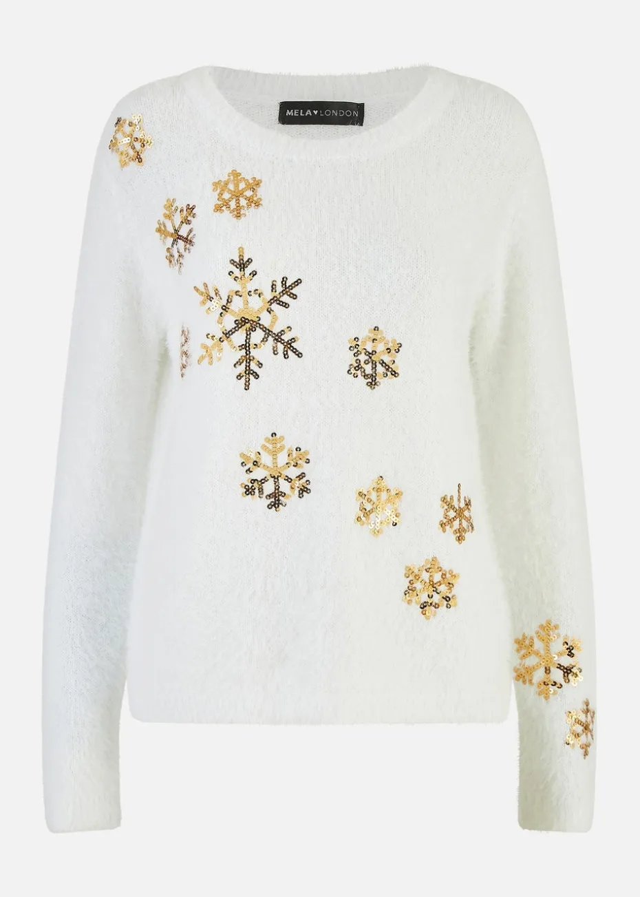 Mela Ivory Sequin Snowflake Fluffy Jumper