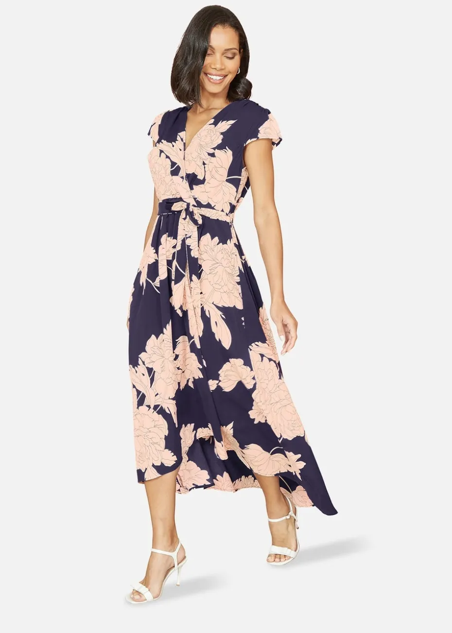 Mela Navy Blossom Print Wrap Midi With Dipped Hem