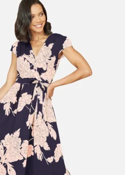 Mela Navy Blossom Print Wrap Midi With Dipped Hem
