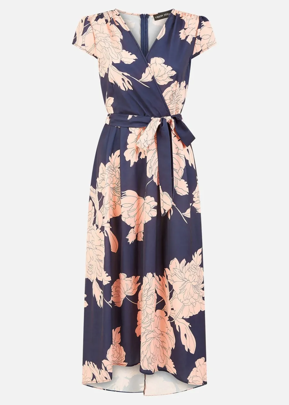 Mela Navy Blossom Print Wrap Midi With Dipped Hem