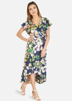 Mela Navy Floral Satin Wrap Over Dress With Frill Sleeve