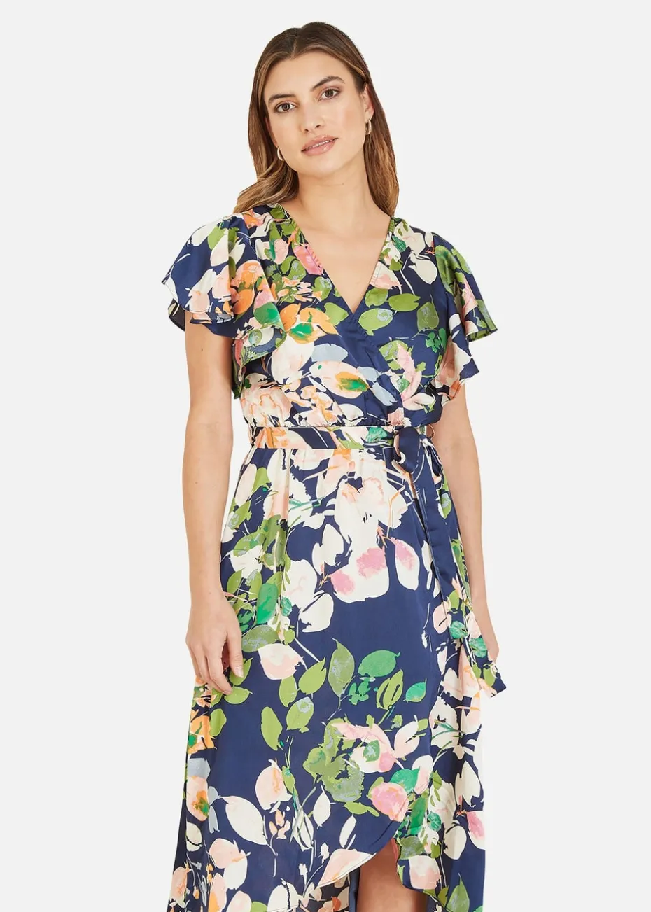 Mela Navy Floral Satin Wrap Over Dress With Frill Sleeve
