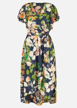 Mela Navy Floral Satin Wrap Over Dress With Frill Sleeve