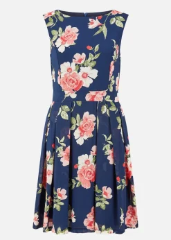 Mela Navy Floral Skater Dress With Scoop Back
