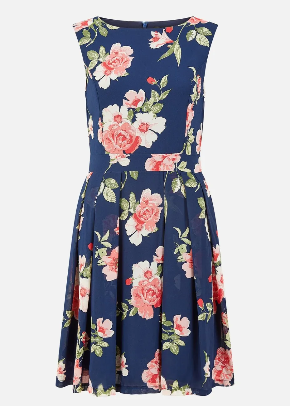 Mela Navy Floral Skater Dress With Scoop Back