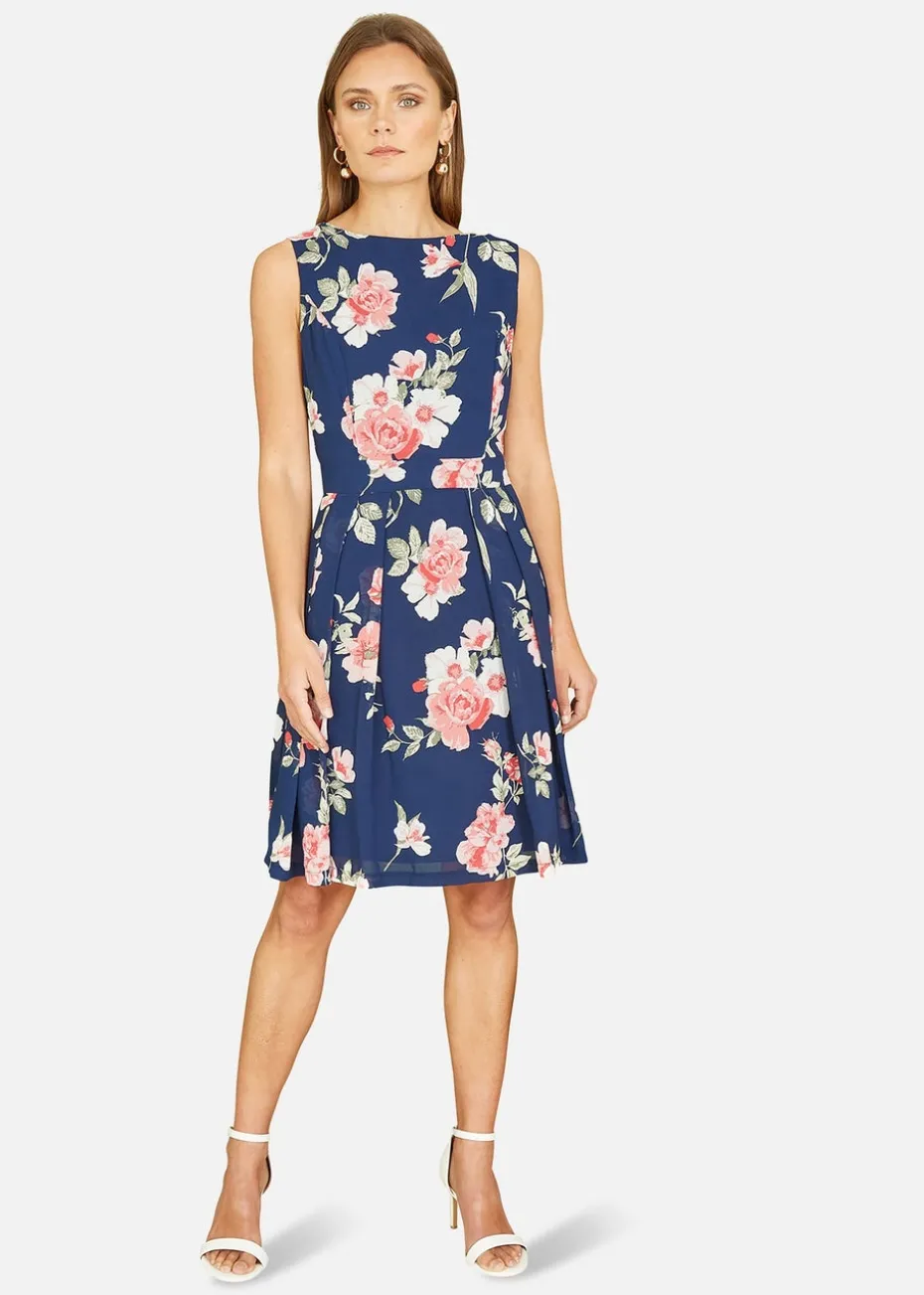 Mela Navy Floral Skater Dress With Scoop Back