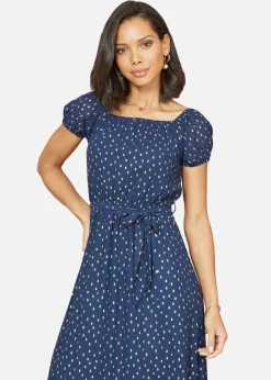 Mela Navy Foil Print Bardot Midi Dress