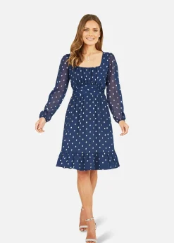 Mela Navy Foil Print Long Sleeve Skater Dress With Wrap Tie Waist