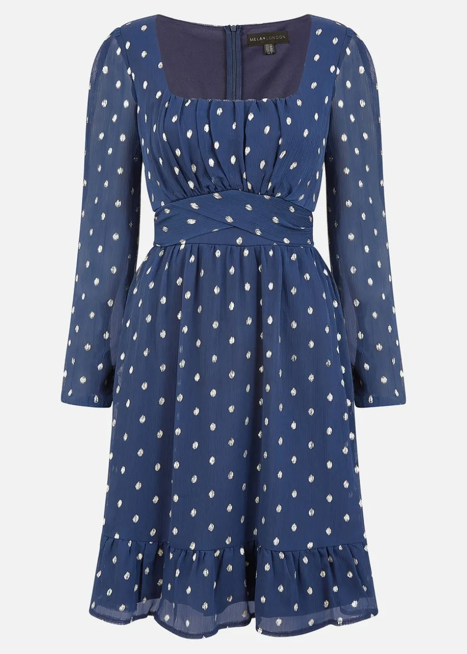 Mela Navy Foil Print Long Sleeve Skater Dress With Wrap Tie Waist