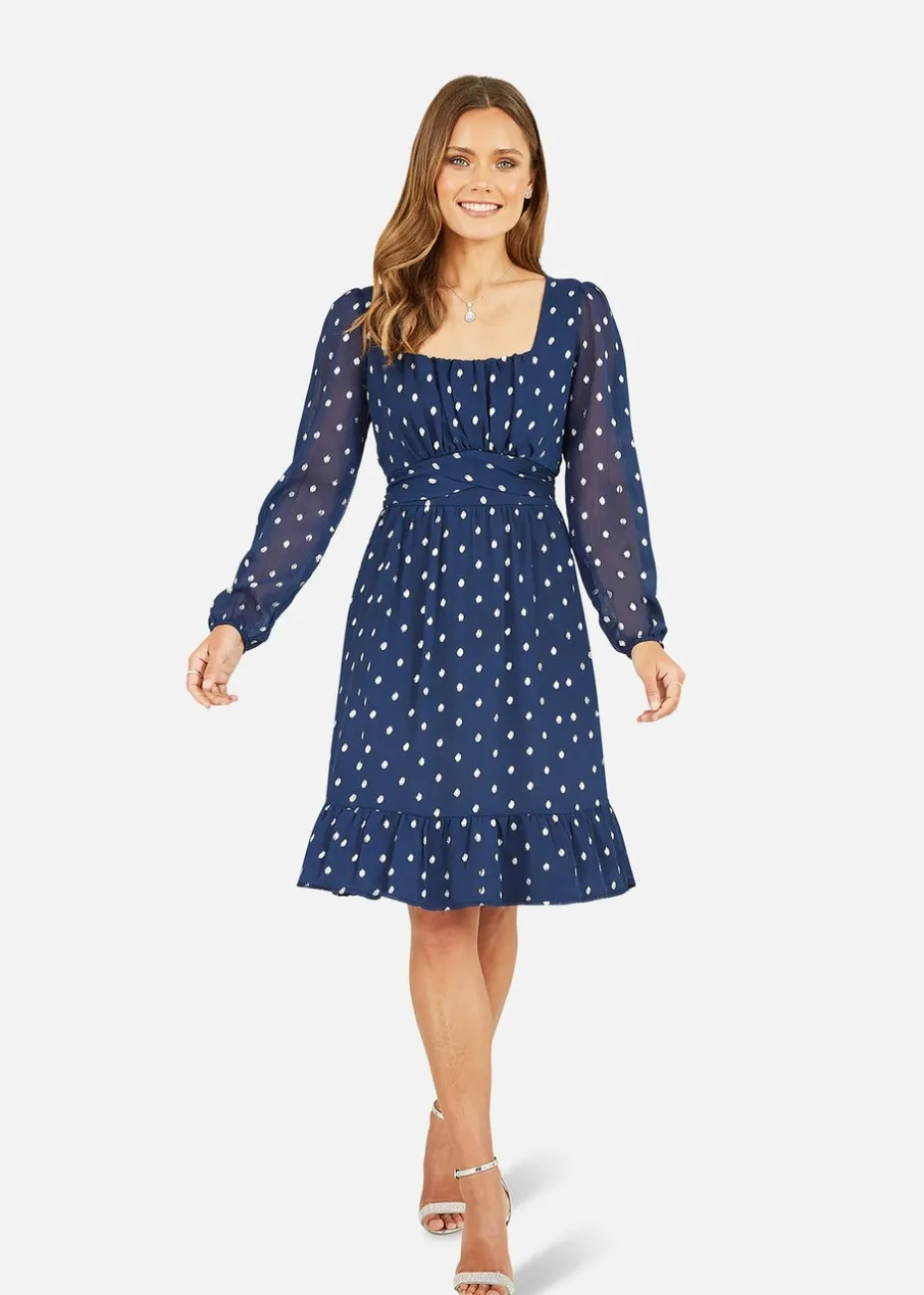 Mela Navy Foil Print Long Sleeve Skater Dress With Wrap Tie Waist