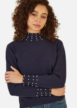 Mela Navy Pearl Detail High Neck Jumper