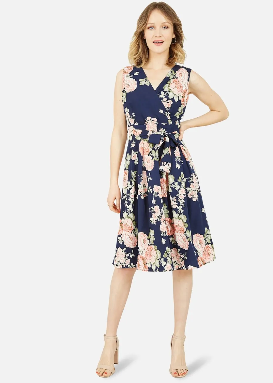 Mela Navy Rose Printed Wrap Over Sleeveless Skater Dress