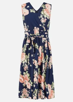 Mela Navy Rose Printed Wrap Over Sleeveless Skater Dress