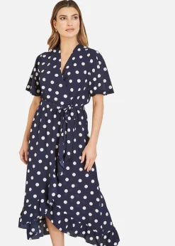 Mela Navy Spot Print Wrap Midi Dress With Frill Detail