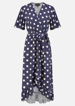 Mela Navy Spot Print Wrap Midi Dress With Frill Detail