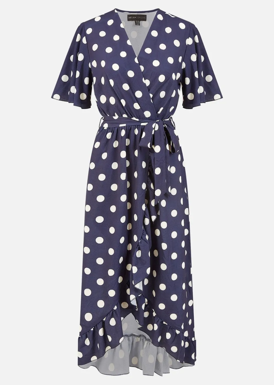 Mela Navy Spot Print Wrap Midi Dress With Frill Detail