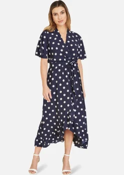 Mela Navy Spot Print Wrap Midi Dress With Frill Detail