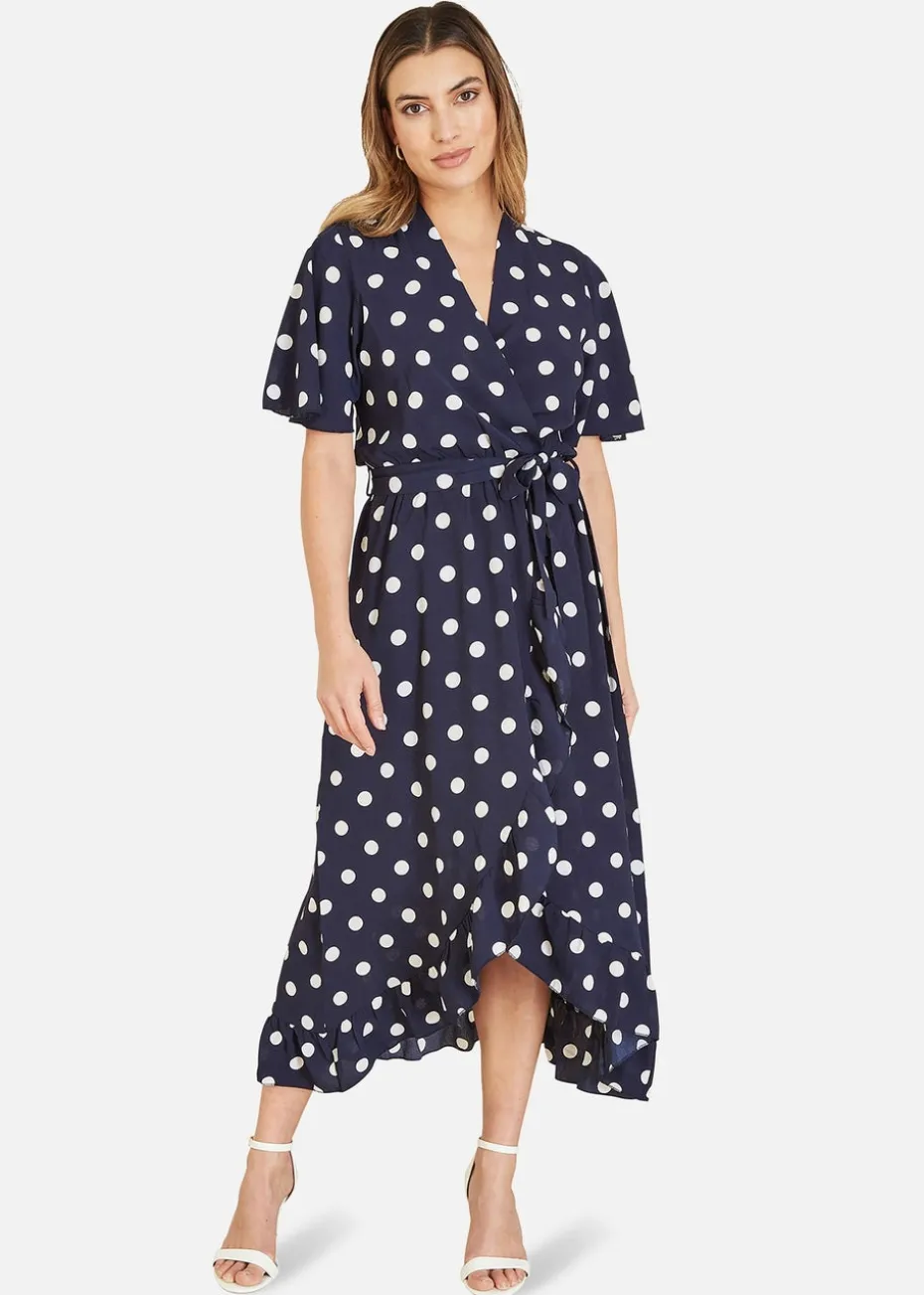 Mela Navy Spot Print Wrap Midi Dress With Frill Detail