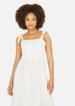 Mela White Broderie Anglaise Ruched Midi Sundress With Tie Sleeves