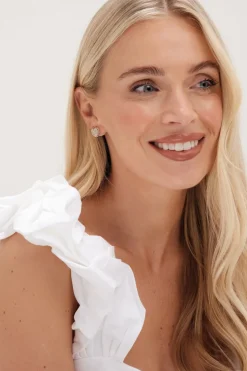 Mood Gold Cream Pearl & Crystal Heart Stud Earrings