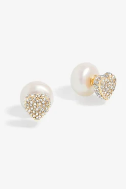 Mood Gold Cream Pearl & Crystal Heart Stud Earrings