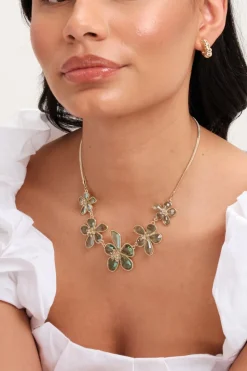 Mood Gold Crystal & Green Glass Flower Necklace