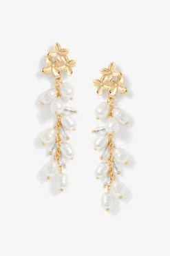 Mood Gold Triple Flower Pearl Cluster Drop Earrings