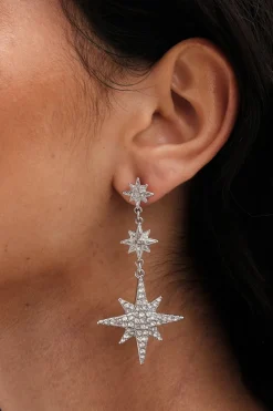 Mood Silver Crystal Moon And Star Statement Drop Earrings