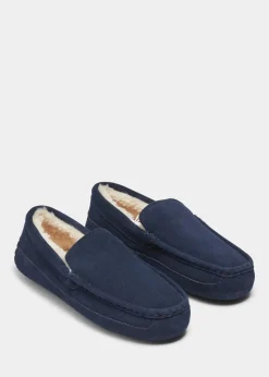 Navy Real Suede Faux Fur Moccasin Slippers