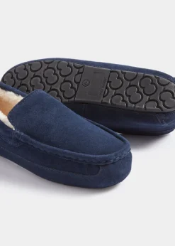 Navy Real Suede Faux Fur Moccasin Slippers