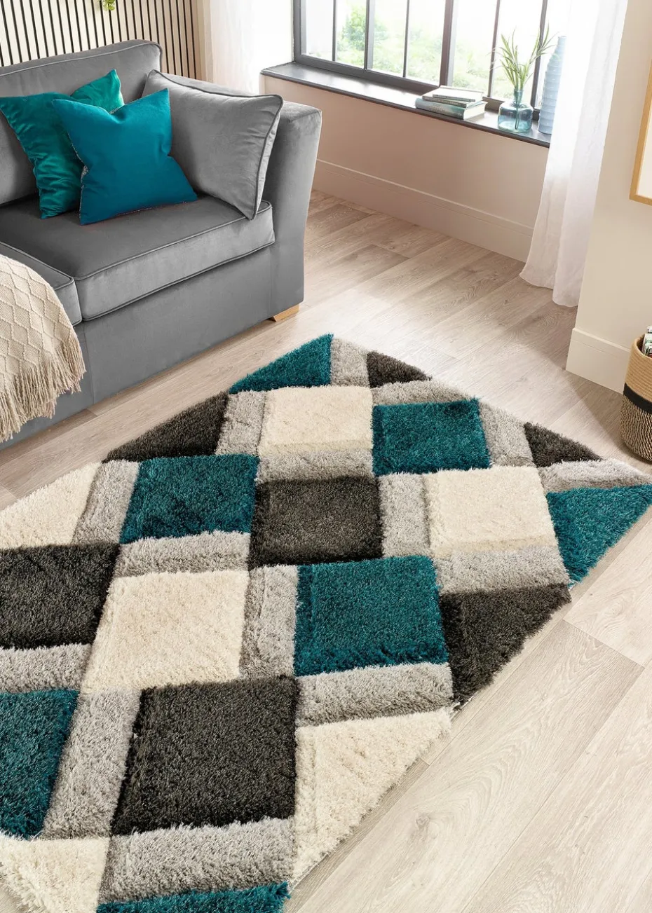Origins Teal 3D GEO Shaggy Rug