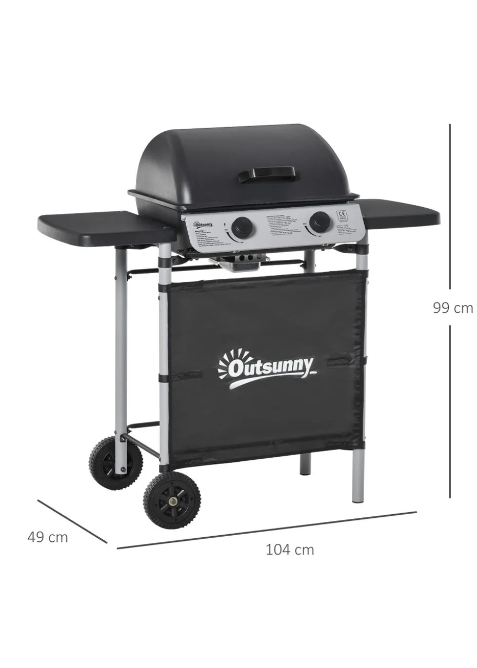 Outsunny 2 Burner Gas Barbecue Grill Propane Gas Cooking BBQ 5.6 kW with Side Shelves Wheels